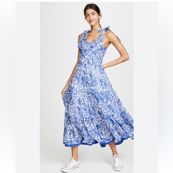 Free People Kikas Printed Midi Dress in Blue and White Floral - Picture 1 of 11